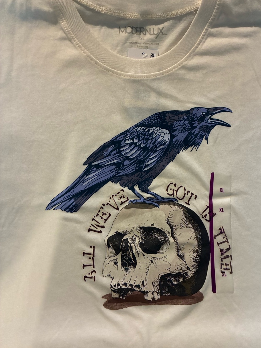 Modern Lux Cropped White Tee with Blue Raven and Black Skull Graphic